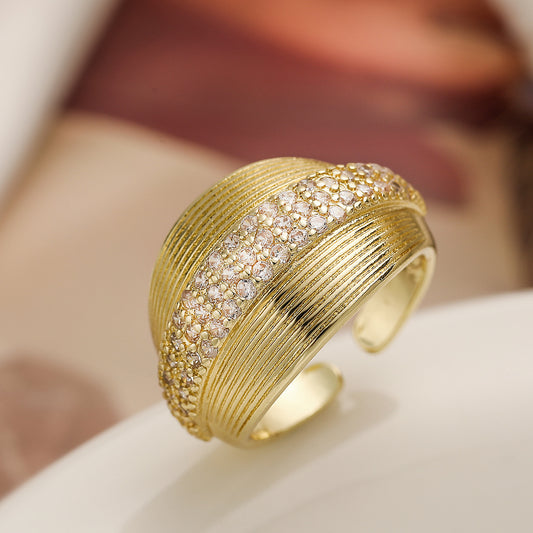Minimalist Luxe Geometric Copper Ring with 18K Gold Plating and Micro-Paved Zirconia for Women