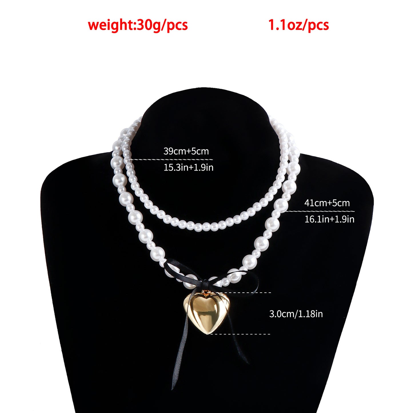 Sweet and Edgy Black Satin Ribbon Bow Heart Pendant Necklace for Women with Imitation Pearl Accents and Gold-Plated Alloy Charm on Clavicle Chain