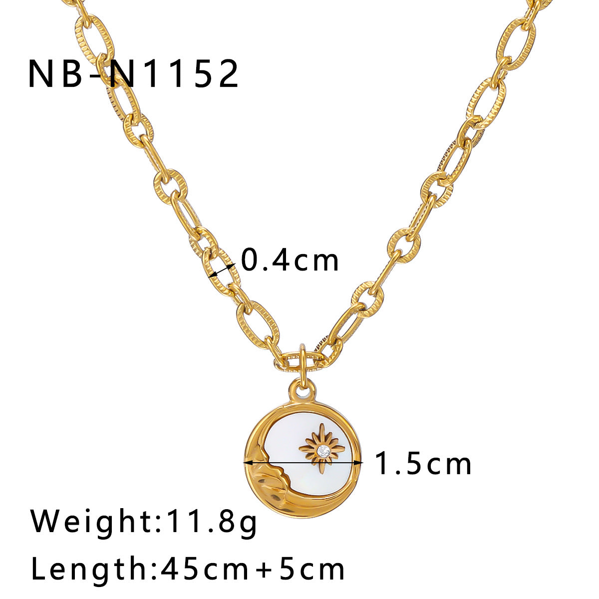 Collana pendente Sole e Luna geometrici da donna in acciaio inossidabile con placcatura in oro 18 carati e intarsio di strass su delicata catena a clavicola