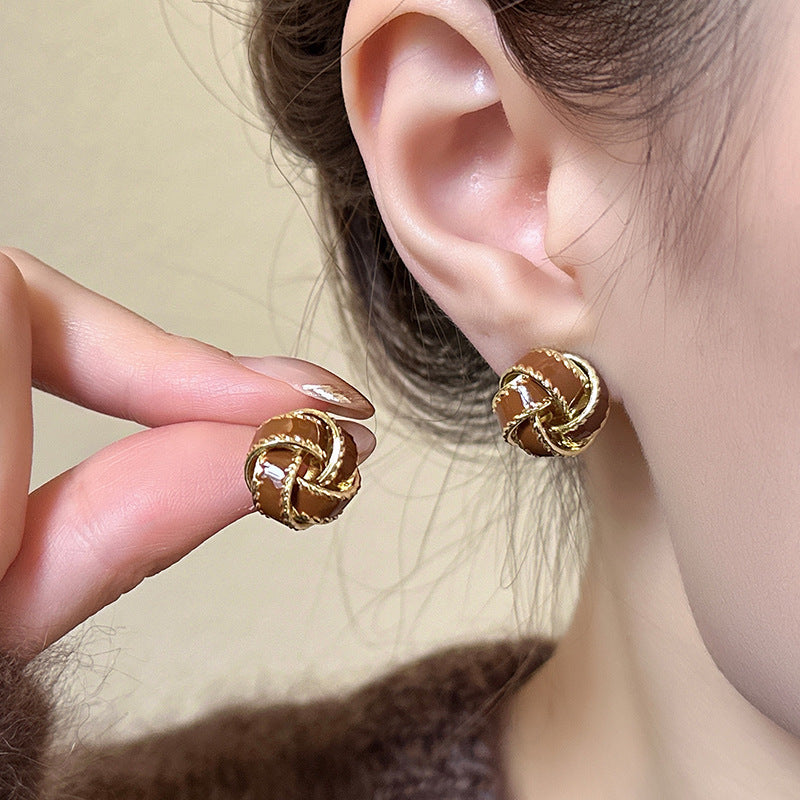 Pendientes de Tachuela de Ojo de Tigre Geométricos Chapados en Cobre para Mujer - Otoño Invierno Retro Minimalista para Uso Diario en la Oficina