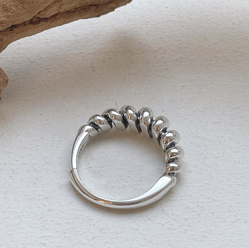 French Vintage Wave-Shaped 925 Sterling Silver Adjustable Knot Ring for Women
