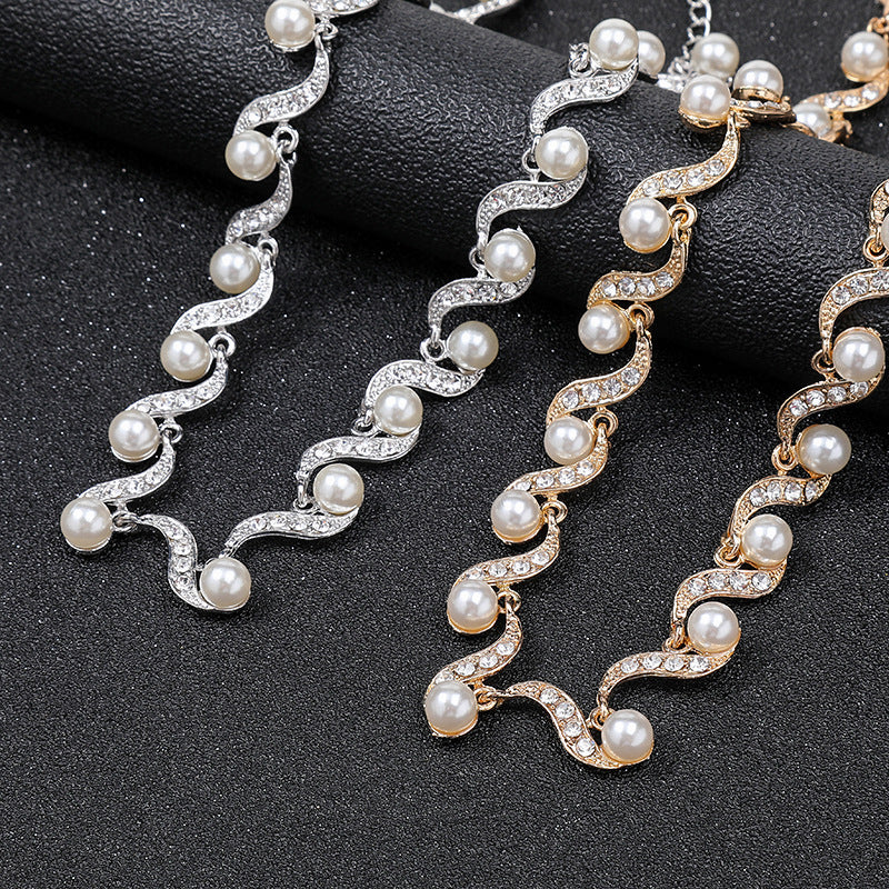 Chic Minimalist Pearl Pendant Necklace and Earrings Set for Women Alloy Chain with Twisted Rope Detail