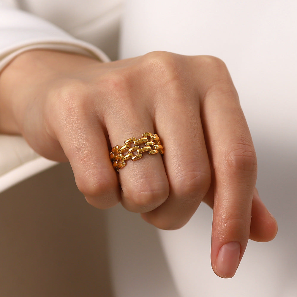 INS Style Geometric Hollow Titanium Steel Ring with 18K Gold Plated Finish for Women, Stainless Steel Band, Hypoallergenic Luxury Fashion Ring