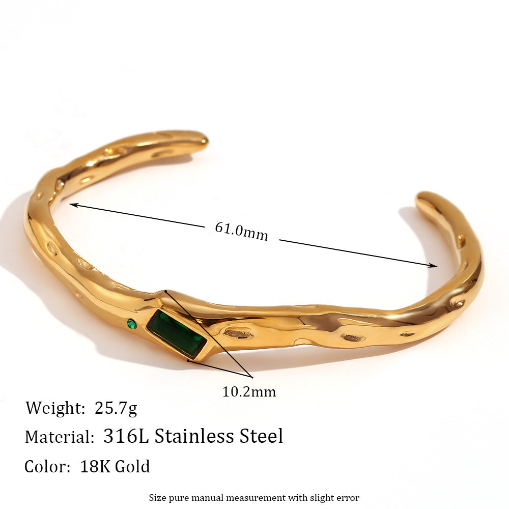 Minimalist Irregular Rectangular Stainless Steel Bracelet with 18K Gold Plating and Zircon Inlay