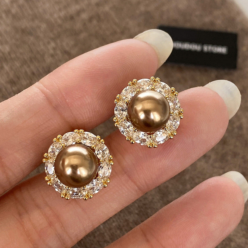 Eleganti Orecchini a Perno Retrò con Perle e Zirconi, a Forma Geometrica Rotonda, da Donna, Accessorio di Lusso Minimalista