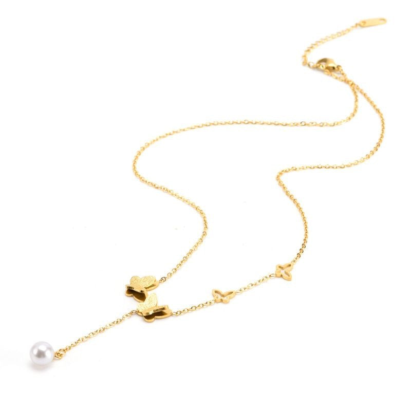 Fashionable Butterfly Pendant Necklace for Women in Titanium Steel with Plated Finish, O-Chain, Lightweight Luxe Style Summer Clavicle Chain