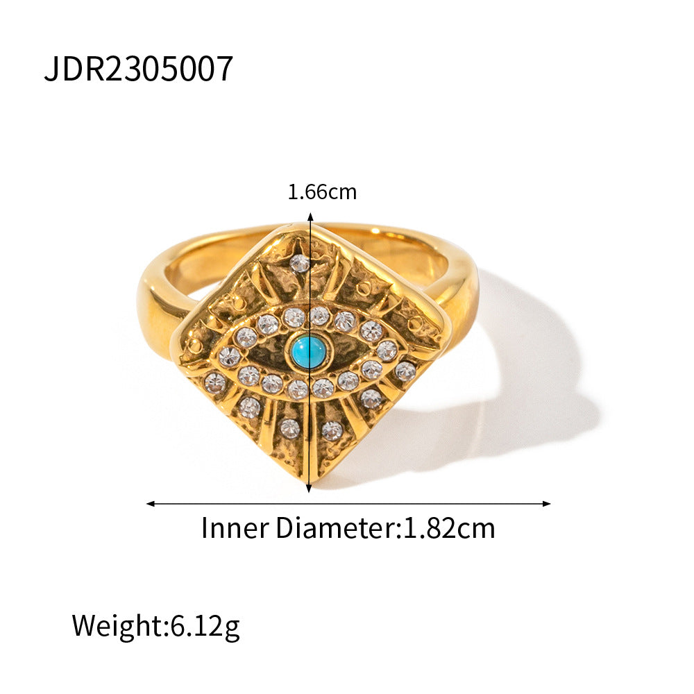 INS Style Geometric Evil Eye Square Pendant Ring in Stainless Steel with 18K Gold Plating and Zircon Inlay
