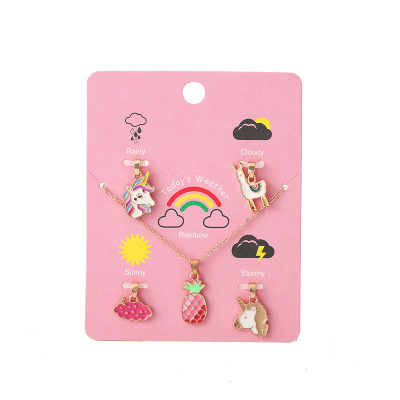 Bonito collar con colgante de unicornio de dibujos animados para niños, de aleación, ajustable, con acabado de esmalte y cadena de cruz