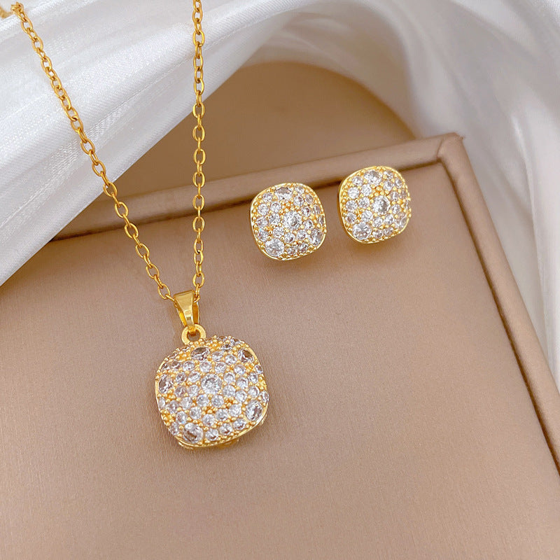 Sweet Minimalist Full Rhinestone Square Moon Titanium Steel Necklace Set for Unisex
