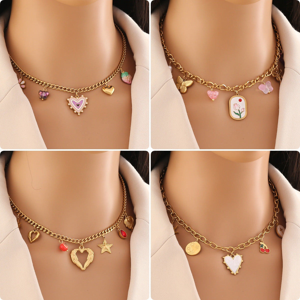 Collana con pendente a forma di cuore retrò in acciaio inossidabile con finitura placcata per donna, delicata catena clavicola in stile fresco e dolce