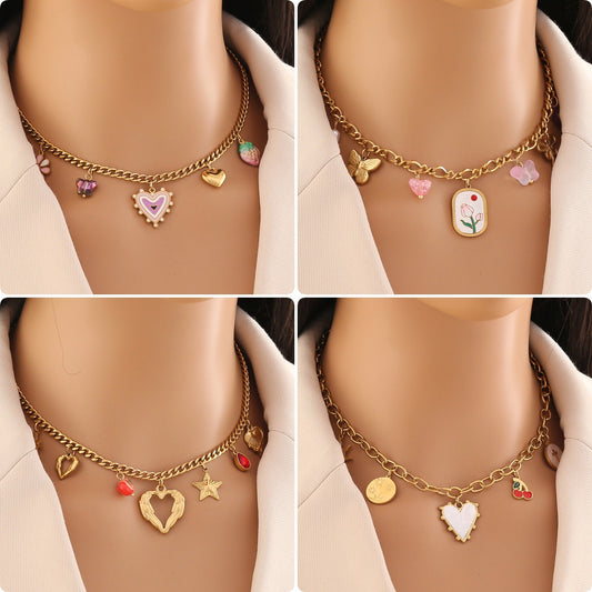 Collar con colgante retro de acero inoxidable con forma de corazón y acabado chapado para mujer, delicada cadena de clavícula de estilo fresco y dulce