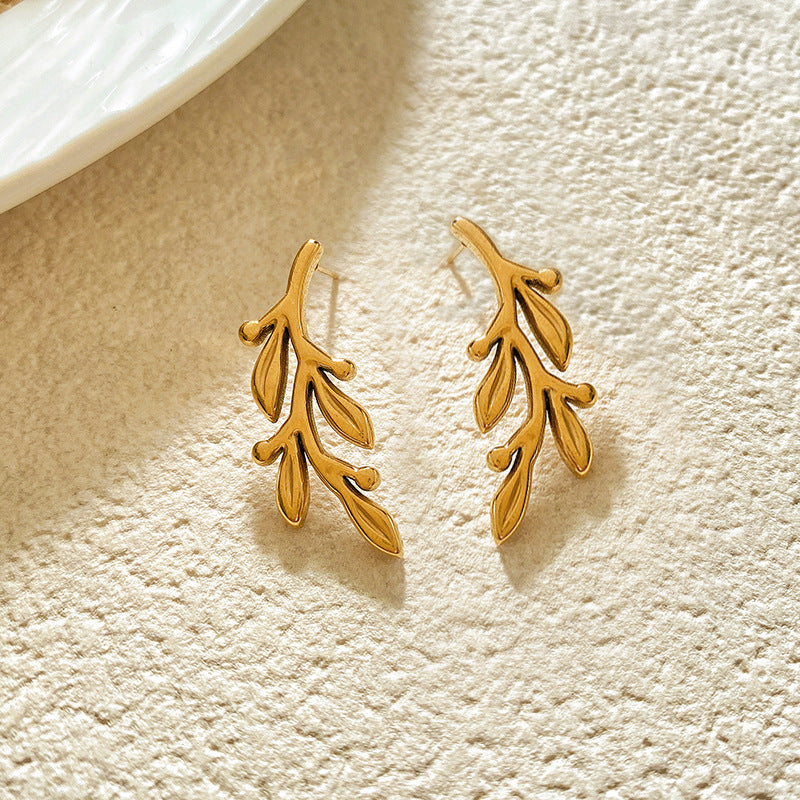 Sweet Sunflower Plant Brass Stud Earrings with Stainless Steel Posts