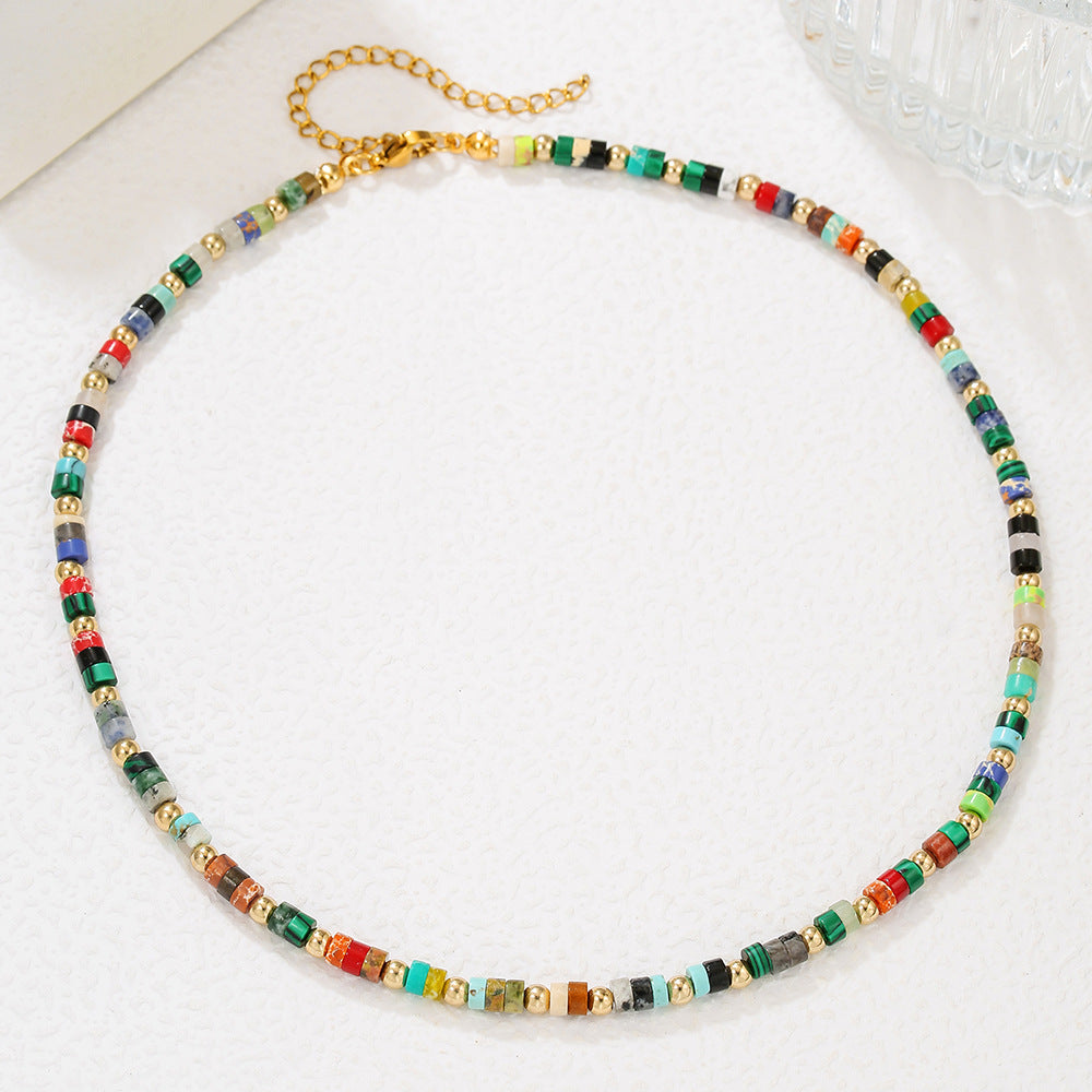 Minimalist Geometric Round Colorful Natural Gemstone Beaded Necklace Gold Plated Alloy Cable Chain for Women