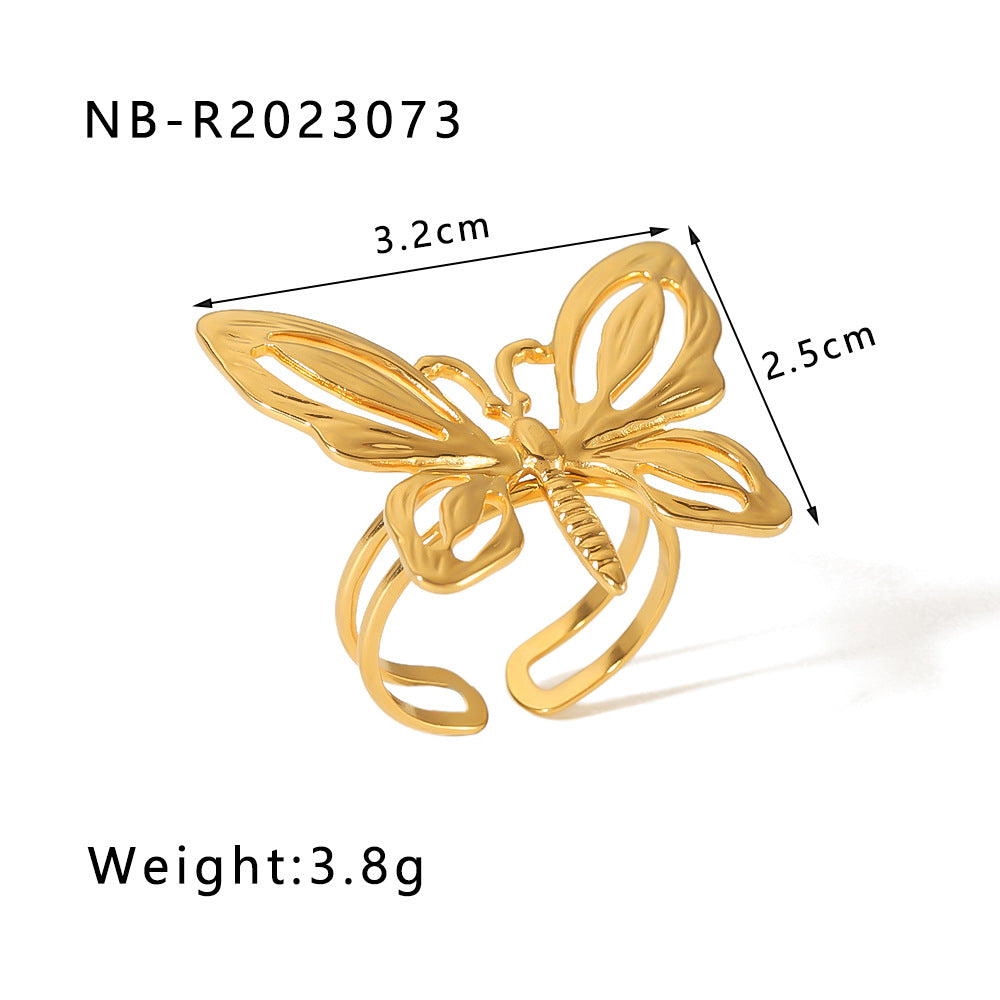 Floral Butterfly Shaped Stainless Steel Ring with 18K Gold Plating and Turquoise Inlay for Women