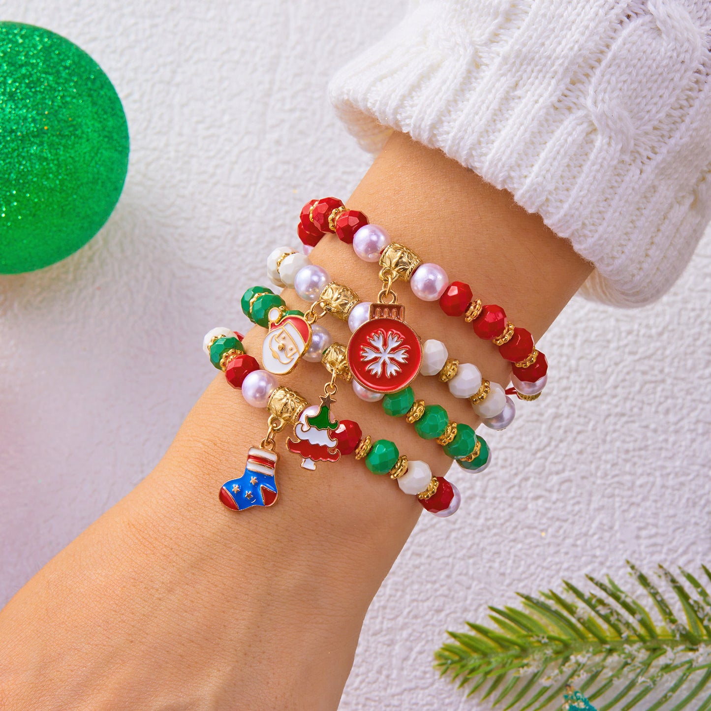 Christmas-Themed Handcrafted Alloy Bracelet Set with Santa Elk Bell Crystal Pearl Adjustable Braided Design for Unisex Wear