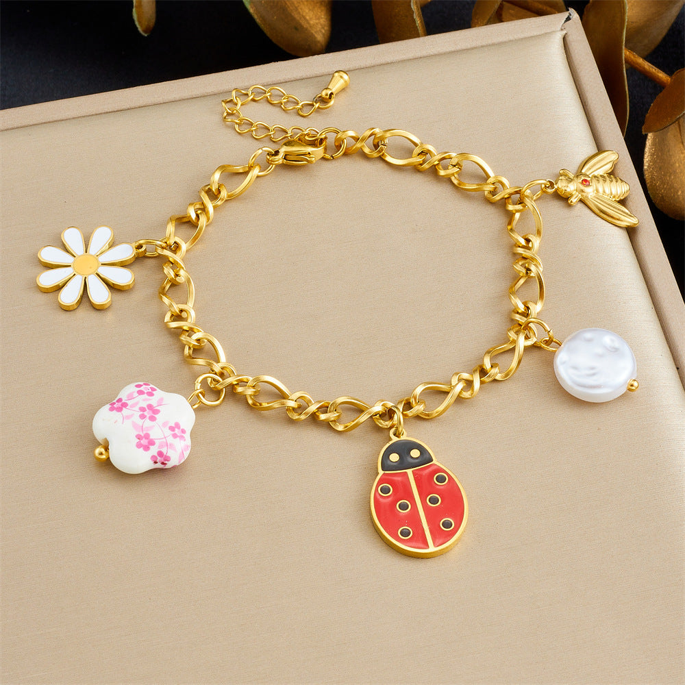 Sweet Cartoon Stainless Steel Drip Oil Insect Dragonfly Ladybug Jewelry Set with Cable Chain