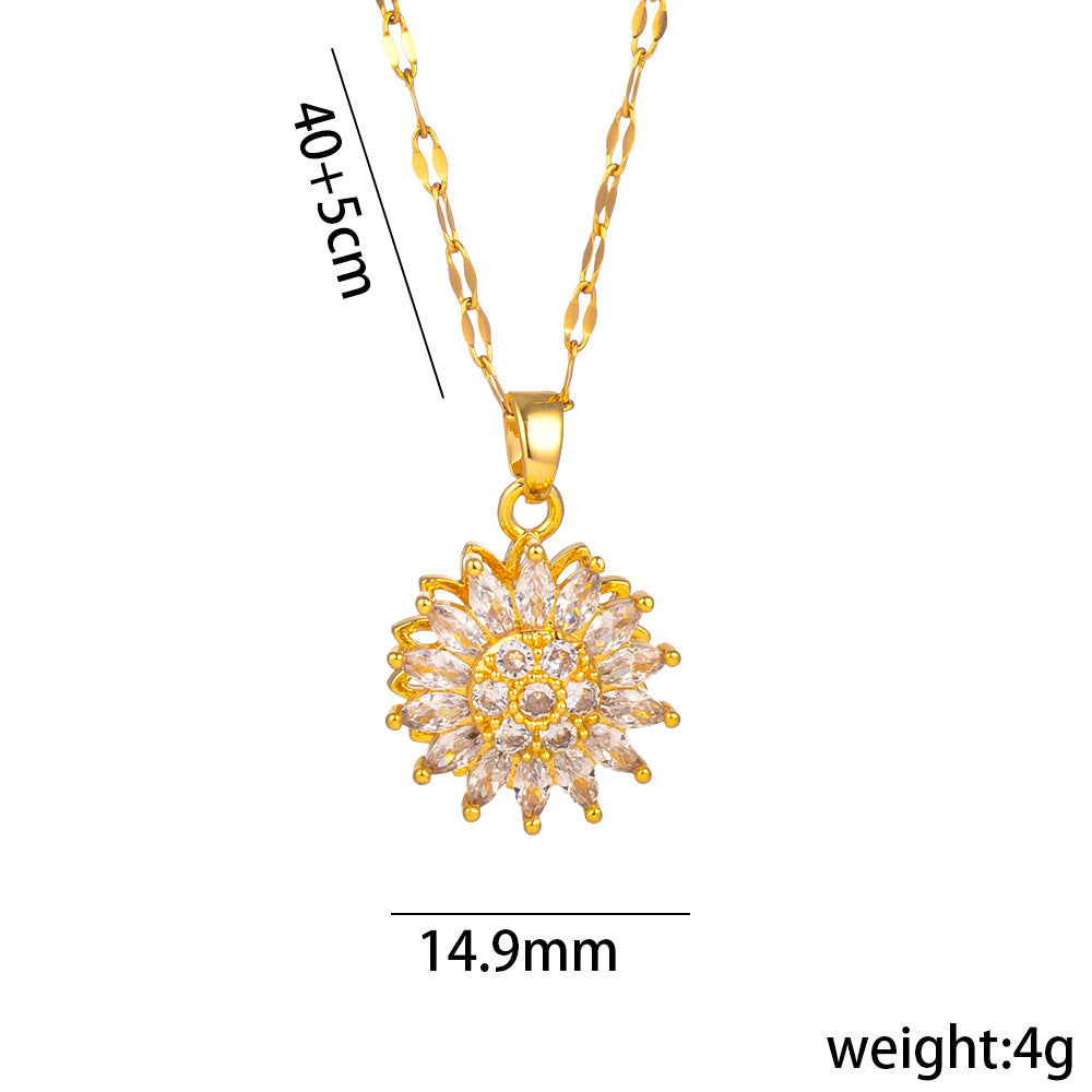 Minimalist Sunflower Pendant Necklace for Women with Rotating Daisy Design, Titanium Steel Snake Chain, Rhinestone Inlay, Geometric Shape