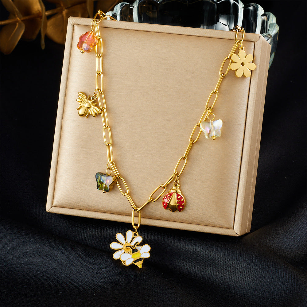 Sweet Cartoon Drip Oil Plated Stainless Steel Animal Pendant Set with Floral Bee and Ladybug Design for Women