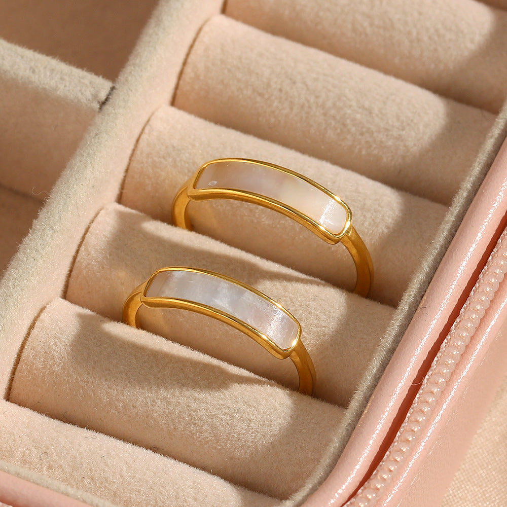 Minimalist Geometric Stainless Steel Ring with 18K Gold Plating and Natural Shell Inlay for Women