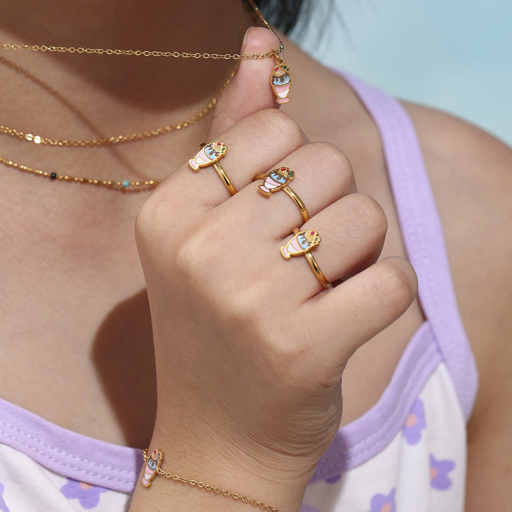 Cute Ice Cream Shaped Titanium Steel Necklace Set with Plated Finish for Kids, Includes Necklace and Bracelet