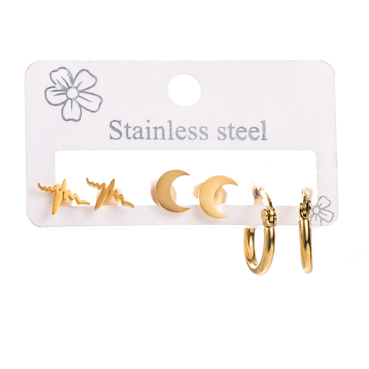 Orecchini a Cerchio da Donna in Acciaio Inossidabile Placcato Oro 18K, con Motivo Geometrico, Luna e Stella, Stile Dolce e Cool