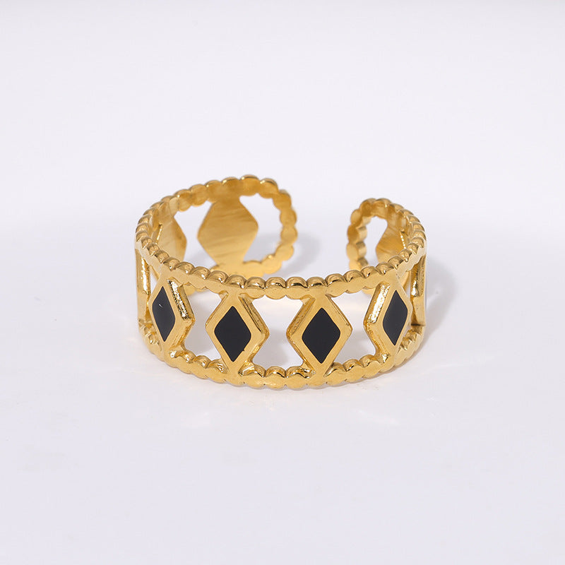 Minimalist Geometric Rhombus Stainless Steel Ring with 18K Gold Plating and Open Adjustable Band for Women