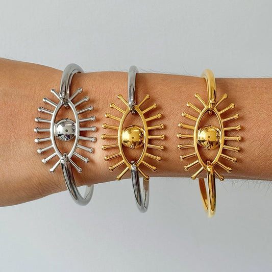 Bracciale da donna in acciaio al titanio con design a occhio di Allah e placcatura in oro 18 carati, accessorio di moda ipoallergenico in acciaio inossidabile