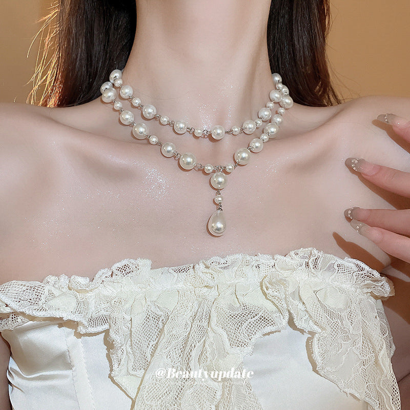 Collar con colgante de perlas de estilo vintage francés con pendientes de gancho para mujer, delicada cadena de clavícula, joyería de lujo minimalista
