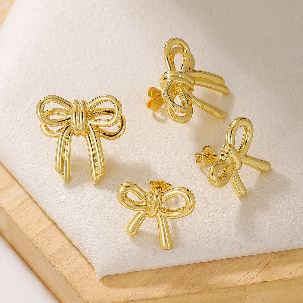 Gold Plated Brass Bow Knot Earrings Elegant Casual Studs