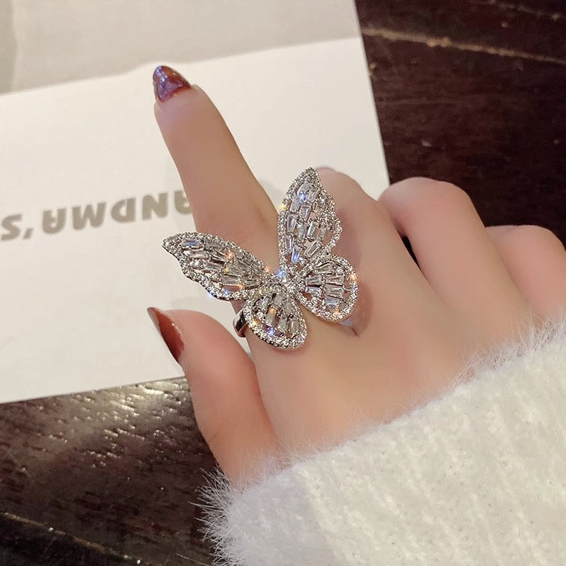 Luxury Zircon Butterfly Open Ring for Women with Plated Copper Finish and Minimalist Design