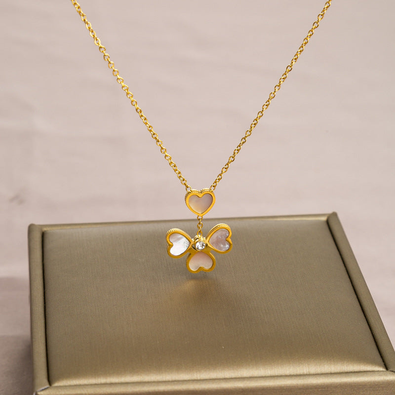 Elegant Fashionable Heart and Four-Leaf Clover Pendant Necklace for Women in Titanium Steel with O-Shape Chain