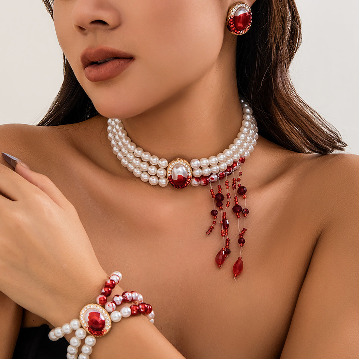 Sweet Punk Geometric Crystal Pendant Pearl Choker Necklace for Women