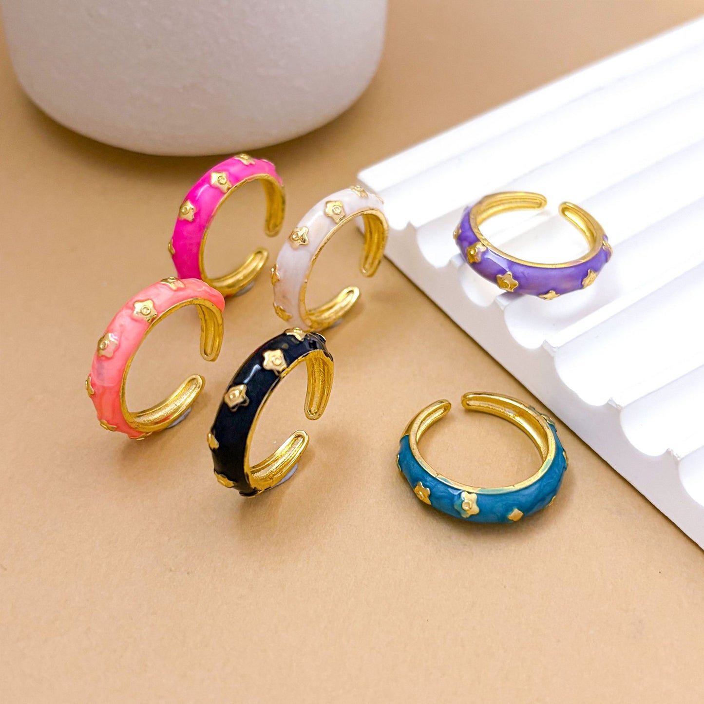 Vintage Sweet Gold Plated Brass Enamel Heart Adjustable Ring for Women