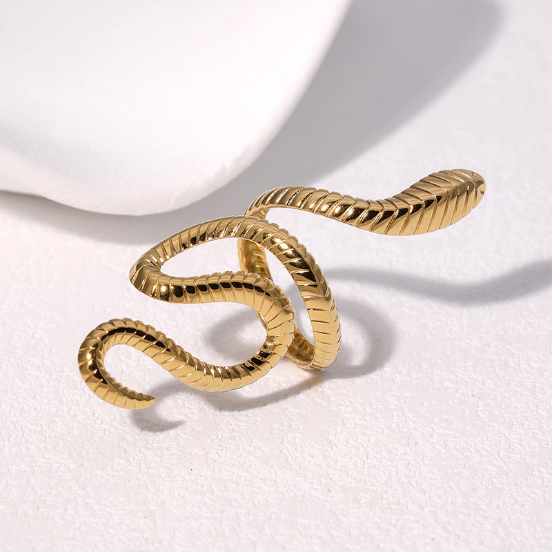 Minimalist Snake-Shaped Open Ring in Stainless Steel with Gold Plating for Women