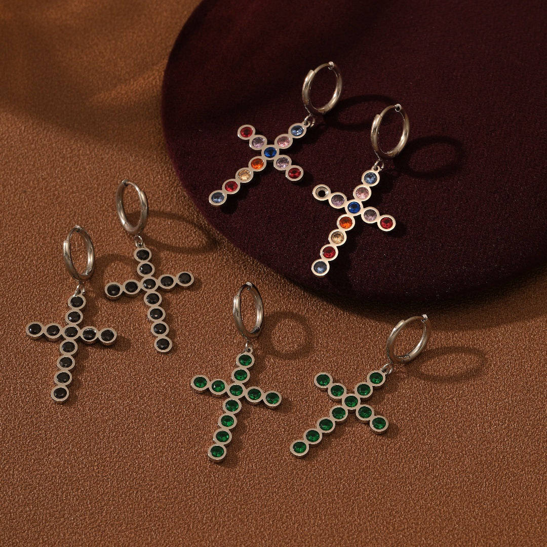 Elegantes pendientes de acero inoxidable con forma de cruz para mujer, con acabado chapado e incrustaciones de pedrería de colores
