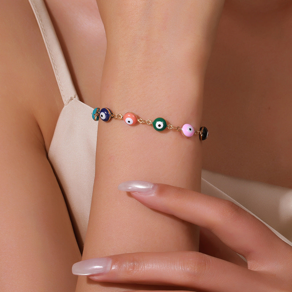 Cavigliera e braccialetto in acciaio inossidabile in stile bohémien colorato con occhio di Allah e motivi geometrici e a cuore