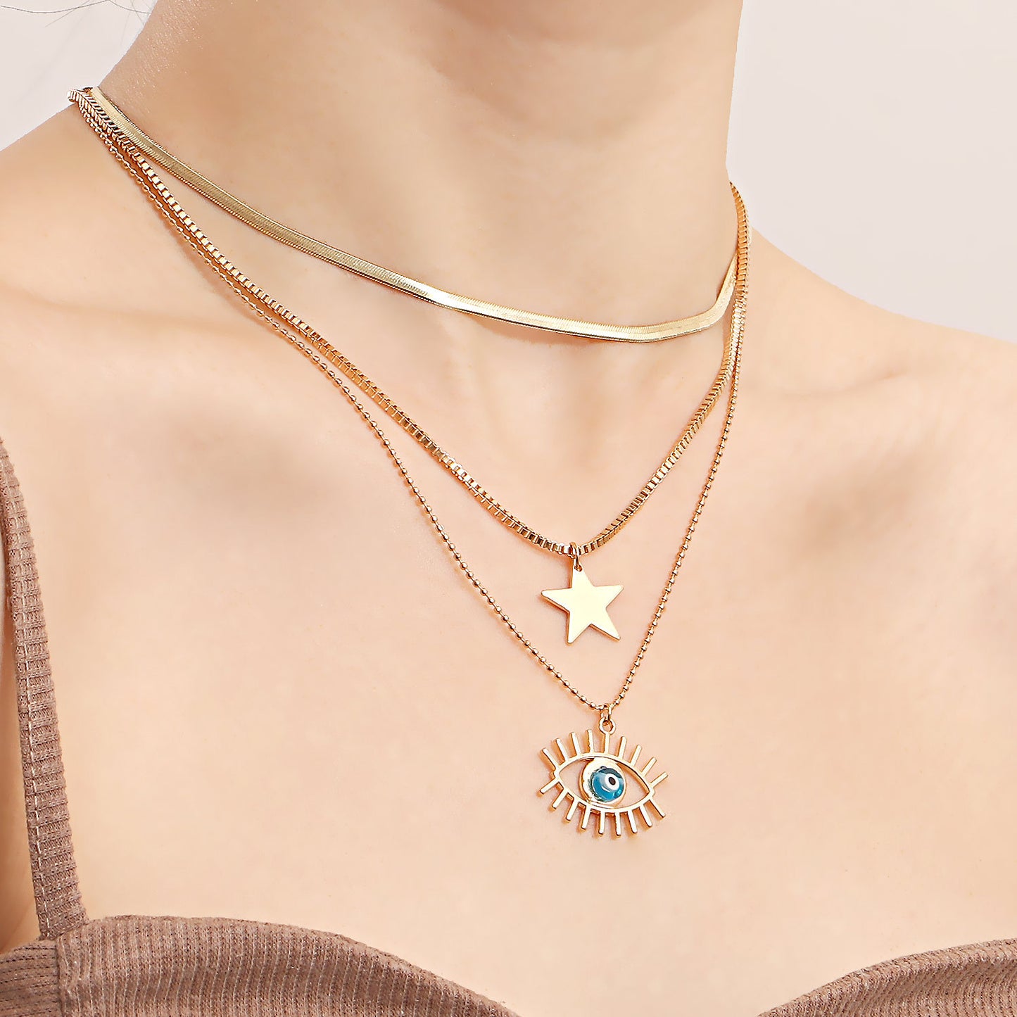 Geometric Five-Pointed Blue Star Evil Eye Pendant Necklace for Women with Alloy Construction and Electroplated Finish on Multi-Layer Flat Snake Chain