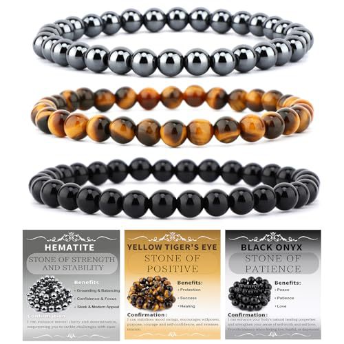 Ethnic Natural Stone Beaded Bracelet Set Round Tiger Eye Gemstone Handmade Unisex Jewelry