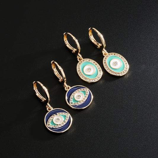 Pendientes de Cobre Geométricos en Forma de Ojo con Baño de Oro de 18K y Acentos de Circonita Esmaltada de Color