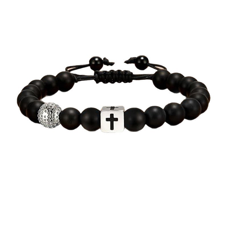 Sporty Matte Stainless Steel Cross Beaded Bracelet Unisex Adjustable