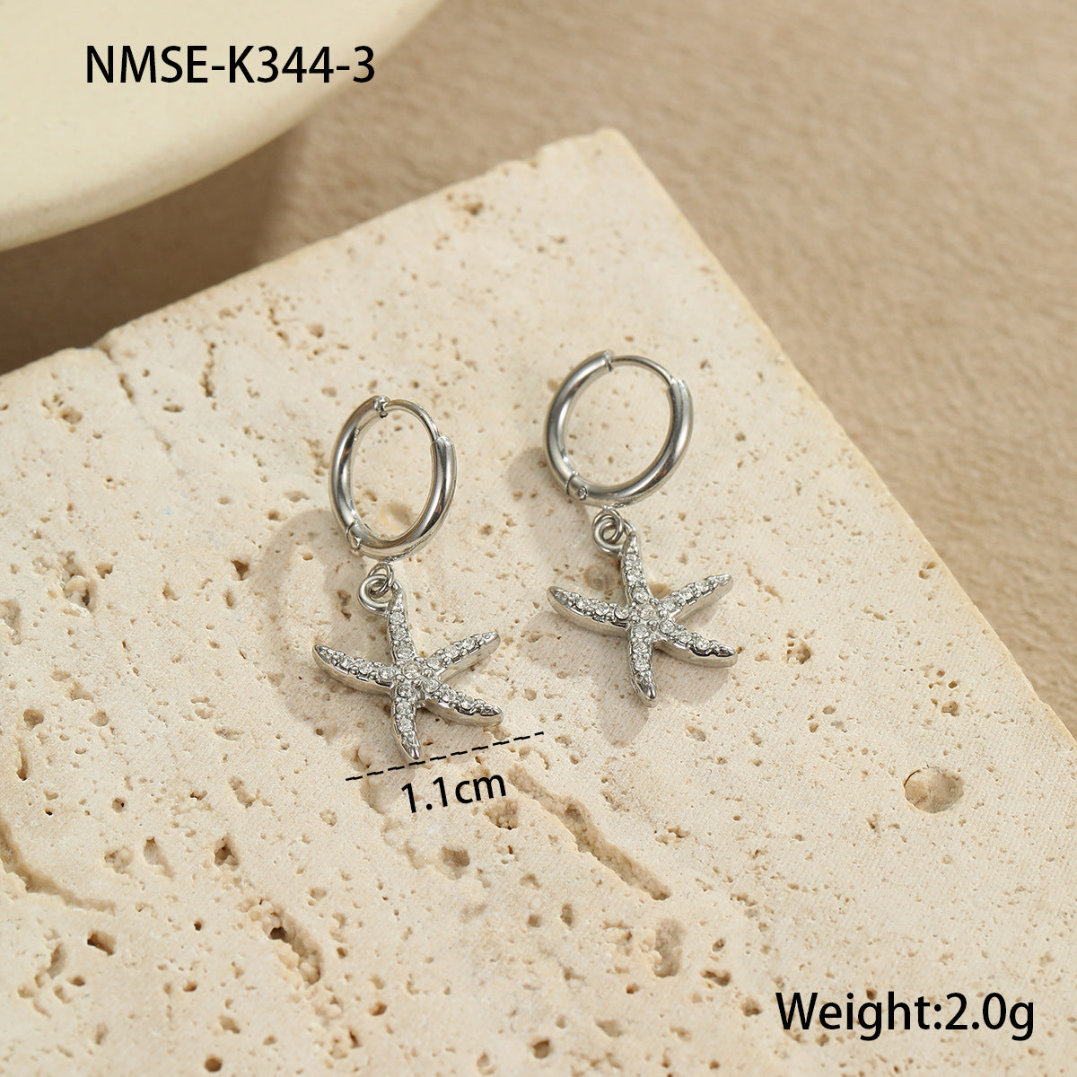 Pendientes de Acero Inoxidable con Forma de Estrella de Mar y Concha con Incrustaciones de Diamantes de Imitación para Mujer