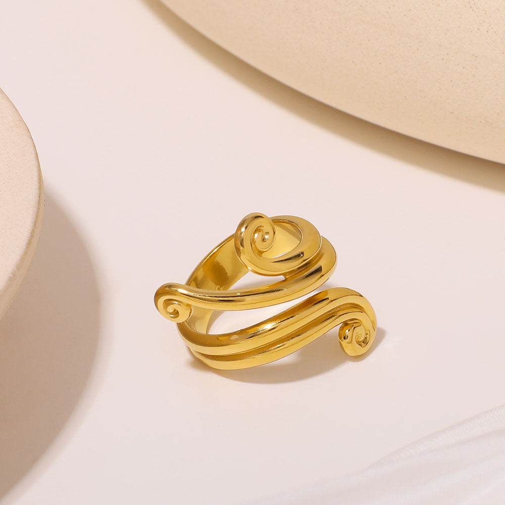 Geometric Asymmetrical Open-End Stainless Steel Ring with Curved Line Design and Plated Finish