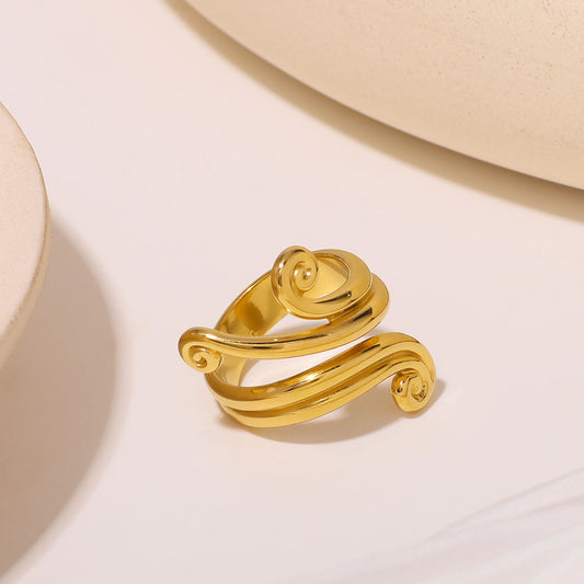Geometric Asymmetrical Open-End Stainless Steel Ring with Curved Line Design and Plated Finish