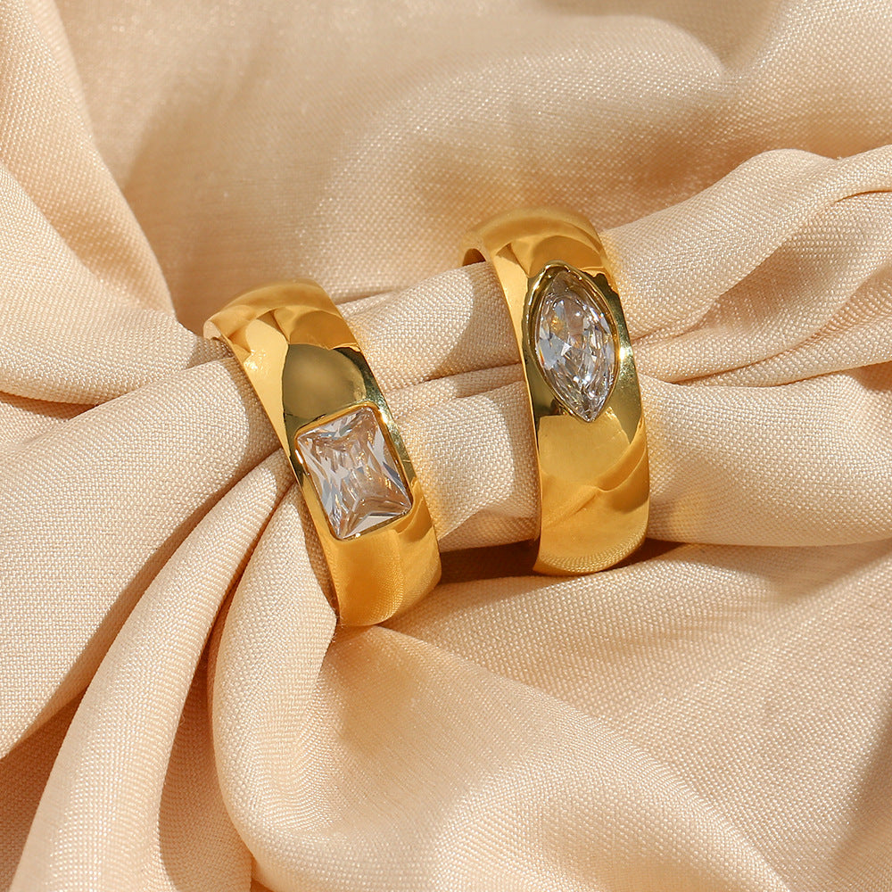 Anello Tondo in Zircone Placcato Oro 18K in Acciaio Inossidabile Geometrico alla Moda da Donna