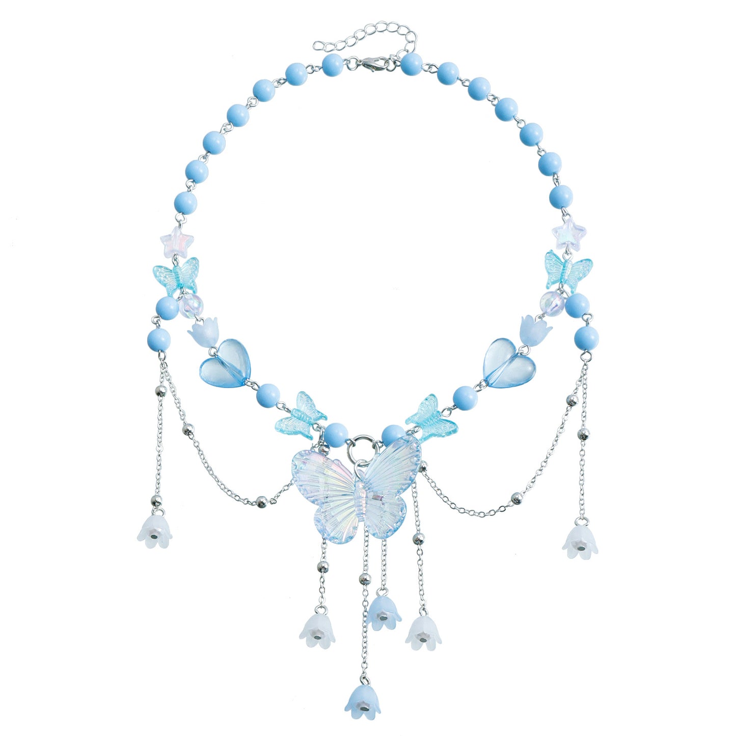Y2K Style Heart and Butterfly Pendant Necklace with Imitation Pearls and Tassels on Resin Beaded Chain for Women