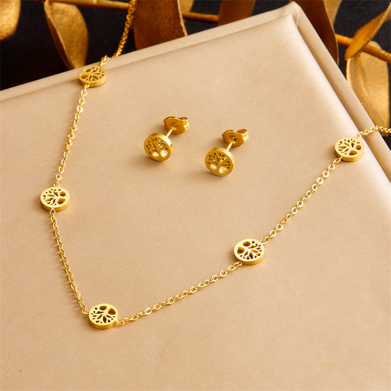 Set di collana, orecchini e bracciale con ciondolo tondo ad albero placcato in acciaio inossidabile, stile chic da ufficio minimalista