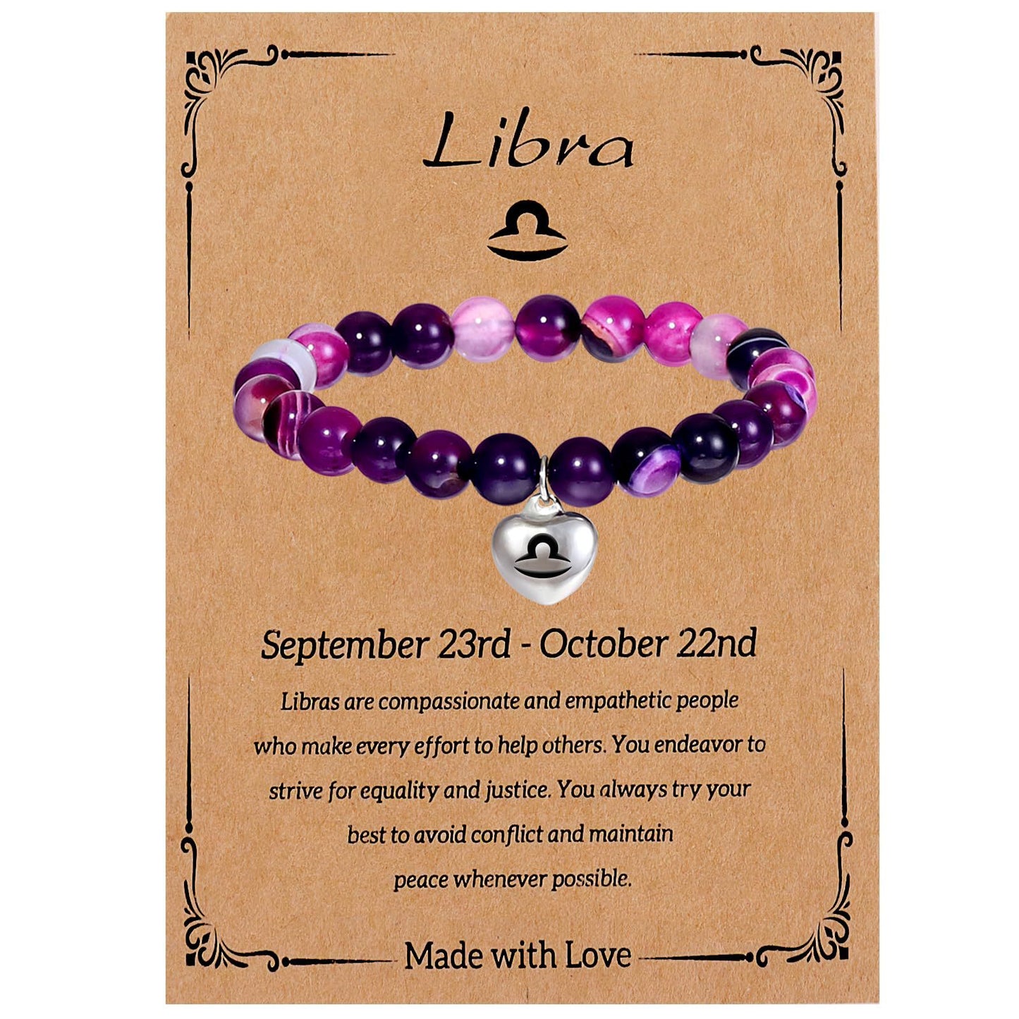Elegant Heart Shape Agate Beaded Charm Bar for Women Zodiac Natural Stone Birthday Gift