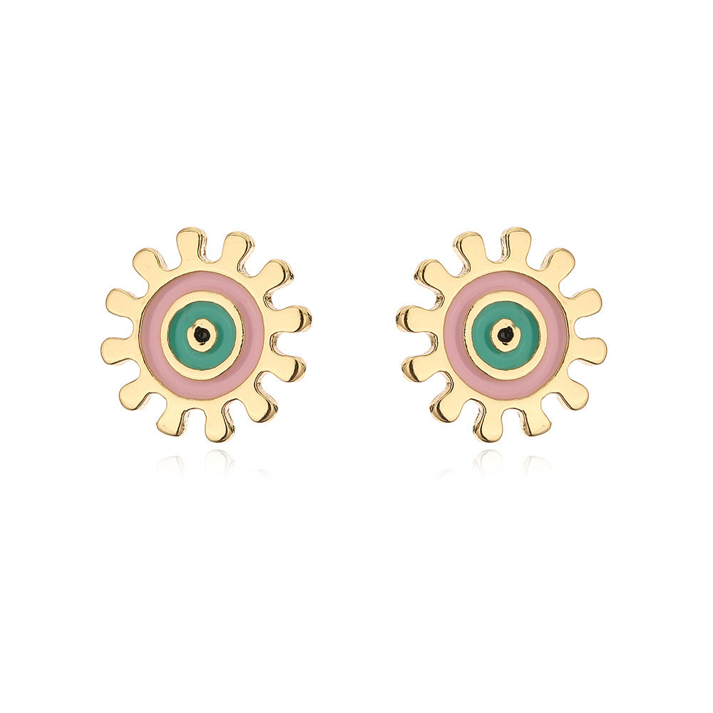 Orecchini a perno geometrici minimalisti carini in rame con placcatura in oro 18 carati e dettagli colorati smaltati a forma di occhio