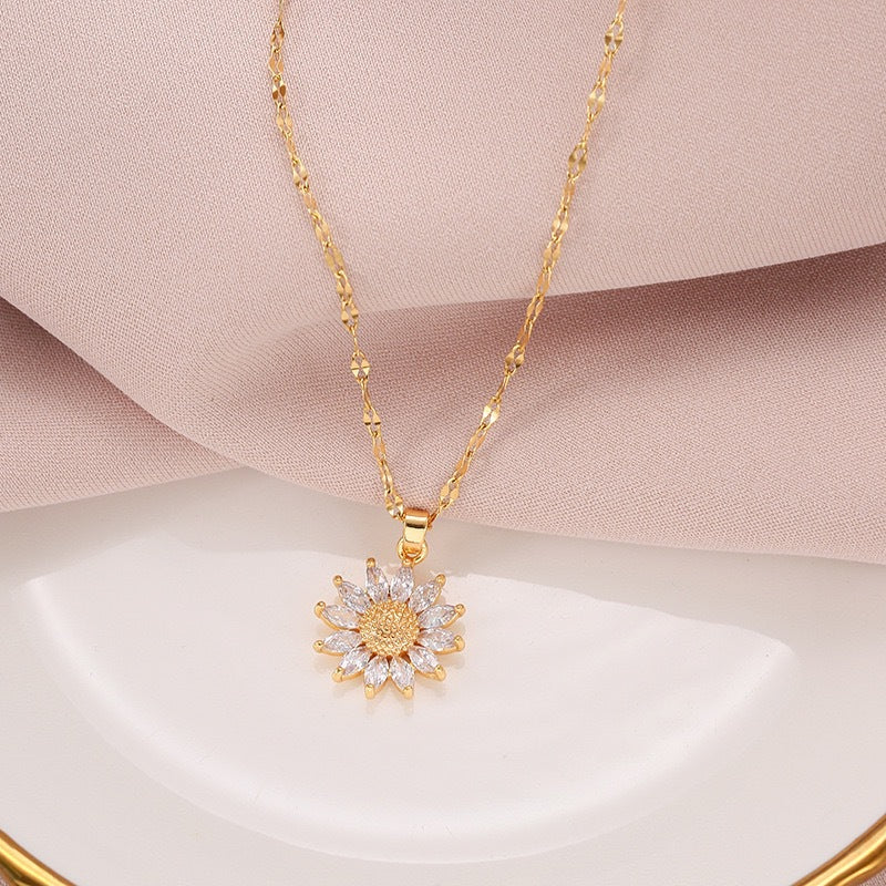 Original Design Sunflower Pendant Necklace for Women in Titanium Steel with Micro-Pave White Zirconia, Irregular Shape Locket Chain