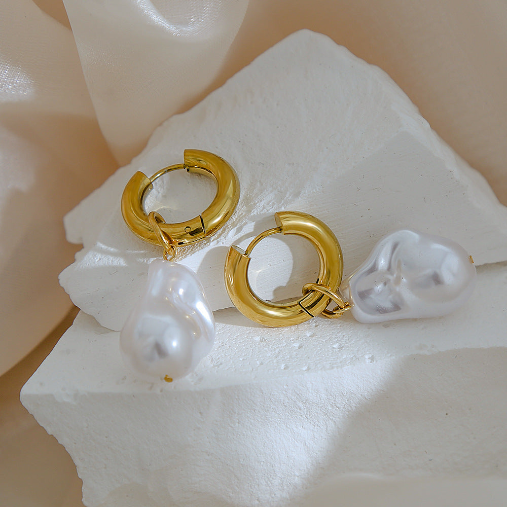 Orecchini da donna con perle barocche irregolari geometrici in acciaio inossidabile con finitura placcata